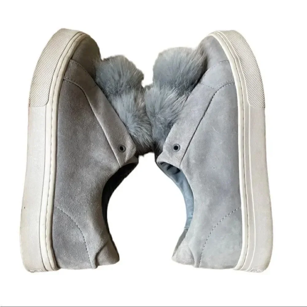 Steve Madden Bryanne Fluff Ball Platform Slip On Sneakers, Grey Multi Suede  9